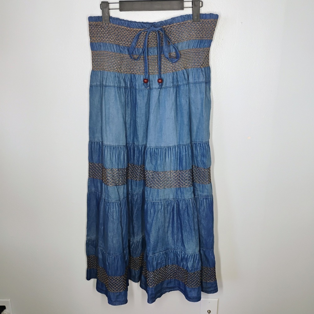 G Unit Fashions Tiered Denim Midi Skirt Womens Medium Blue‎ Smocked Cowgirl Boho
